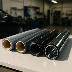 “انواع رول دودی شیشه خودرو در طیف‌های روشن تا تیره روی میز کار”